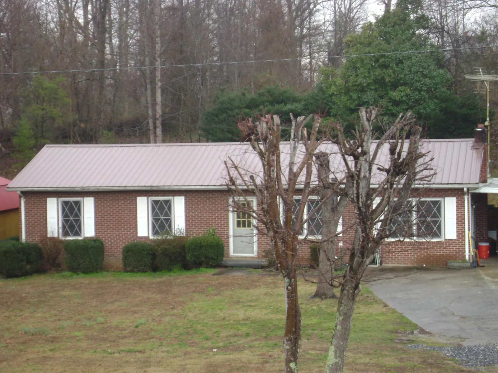 Mauve metal roof on a brick ranch home behind bare trees in Carlton